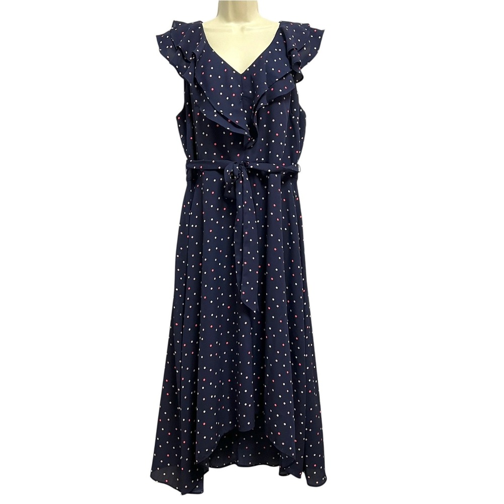 RN Studio Ronni Nicole Dress Womens 18 Navy Polka Dot Ruffle High Low Midi Belt